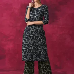 AKS Floral Printed Round Neck Kantha Work Detailed Pure Cotton Kurta with Palazzos-image-83