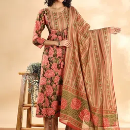 Yufta Women Floral Embroidered Regular Sequinned Pure Cotton Kurta with Trousers & With Dupatta-image-7