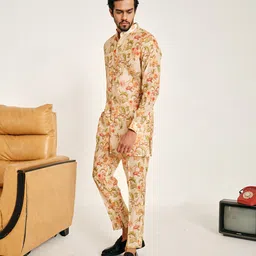 Project Bandi Floral Printed Mandarin Collar Chanderi Cotton Kurta with Pyjamas Set-92