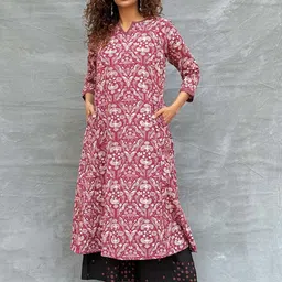 Chidiyaa Women Soil Nights Sigh Blockprinted Pure Cotton Anarkali Kurti-image-6
