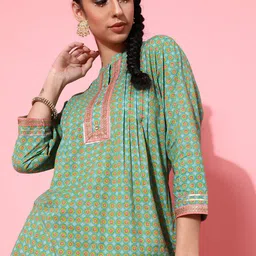 STREET 9 Teal Green & Pink Checked Gotta Patti Pure Cotton Gotta Patti Kurti-image-96