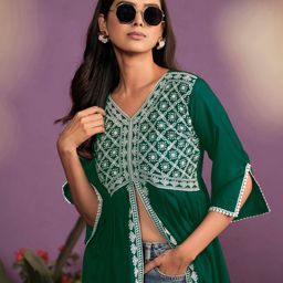 Sangria Chikankari Embroidered V-Neck Kurtis-image-52