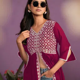 Sangria Chikankari Embroidered V-Neck Kurti-image-47