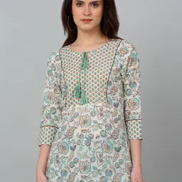 Cantabil Floral Printed Tie-Up Neck Pure Cotton Straight Kurti-image-14