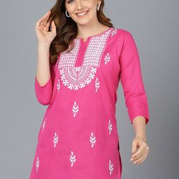 TOP N THREAD Ethnic Motifs Embroidered Round Neck Three-Quarter Sleeves Chikankari Kurti-58