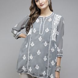 ADA Grey & White Ethnic Motifs Embroidered Chikankari Handloom Kurti With Slip-picture-3