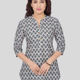 Saree Swarg  Ethnic Motifs Mandarin Collar Three-Quarter Sleeves Poly Crepe Printed Kurti-picture-1