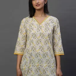 AURELIA Floral Printed V-Neck Pure Cotton Straight Kurti-image-85