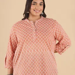 Big Hello - The Plus Life Geometric Printed Mandarin Collar Pure Cotton Straight Kurti-image-59