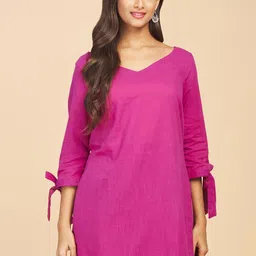 Fabindia Women Magenta V-Neck Pure Cotton Kurti-picture-29
