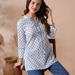 KALINI Floral Printed Mirror Work Mandarin Collar Pure Cotton Kurti-image-27