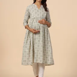CRAFIQA Ethnic Motifs Printed Maternity Mandarin Collar Pure Cotton Anarkali Kurta-picture-52