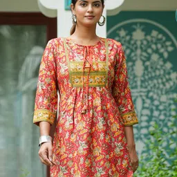 YASH GALLERY Floral Printed Tie-Up Neck A-Line Kurti-picture-15