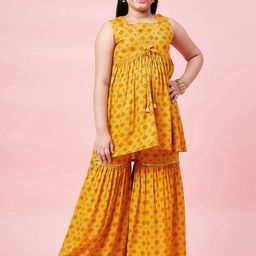 Stylo Bug Girls Mustard Yellow Ethnic Motifs Printed Empire Pure Cotton Kurta with Sharara-image-29