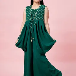 Stylo Bug Girls Green Ethnic Motifs Printed High Slit Kurta with Palazzos-image-9