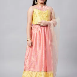 Stylo Bug Girls Yellow & Pink Printed Layered Ready to Wear Lehenga & Blouse With Dupatta-image-53