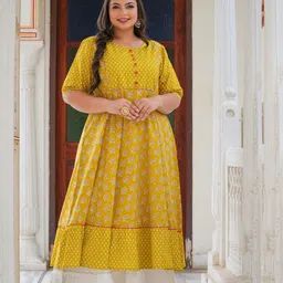 YASH GALLERY Plus Size Mustard Floral Printed Pure Cotton Anarkali Kurta-picture-15