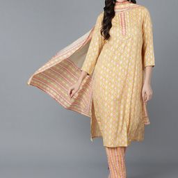 AHIKA Women Yellow Ethnic Motifs Printed Pure Cotton Kurta with Trousers & With Dupatta-image-64
