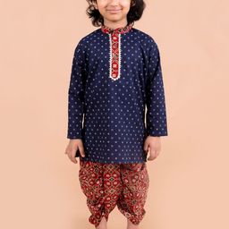 LIL PITAARA Boys Navy Blue Ethnic Motifs Printed Pure Cotton Kurta with Dhoti Pants-image-24