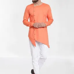 RG DESIGNERS Men Peach-Coloured Angrakha Pure Cotton Kurta with Churidar-image-69