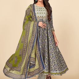 Vbuyz Women Blue Ethnic Motifs Printed Regular Gotta Patti Pure Cotton Kurta with Trousers & With Dupatta-picture-21