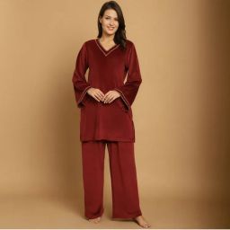 Secret Wish Maroon Solid Velvet Winter Night Suit-picture-49