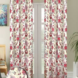 Cortina Red & Cream-Coloured 2 Pieces Floral Printed Cotton Long Door Curtains-7