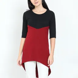 Fleximaa Women Maroon & Black Colourblocked High-Low Cotton Longline Top-image-54