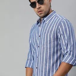 Roadster Men Blue & White Regular Fit Striped Casual Cotton-Linen Shirt-image-80