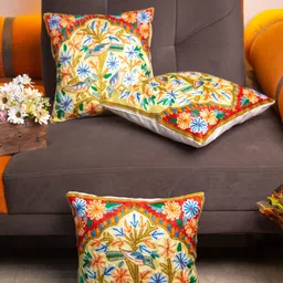 STUDIOHMK Yellow & Orange Graphic Embroidered Square Cotton Linen Cushion Cover-35