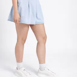 glitchez Washed Effect Mid-Rise Pleated Detail Relaxed Fit Mini Denim A-Line Skirt-image-48