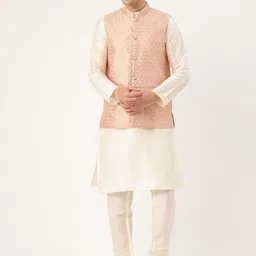 SOJANYA Men Off-White & Pink Solid Kurta with Churidar & Nehru Jacket-13