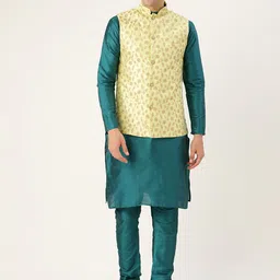 SOJANYA Men Teal Green & Lime Green Solid Kurta with Churidar & Nehru Jacket-picture-14