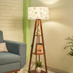 Crosscut White & Brown Printed Wooden Cylinder Shaped Floor Lamp With Shelves-50