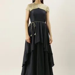 Ethnovog Women Black  Green Solid Made To Measure Layered Maxi Dress-image-95