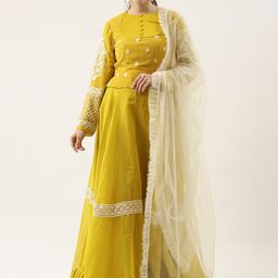 Ethnovog Mustard  Cream-Coloured Embroidered Made to Measure Lehenga  Blouse With Dupatta-picture-4