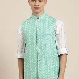 SOJANYA Men Sea Green & White Chikankari Embroidered Nehru Jacket-34