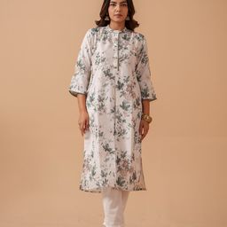 House of Pataudi Floral Printed V-Neck Panelled Beads Work Linen Kurta-image-18