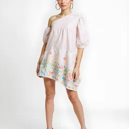 glitchez Ethnic Motifs Printed One Shoulder Gathered Puff Sleeves A-Line Mini Dress-2