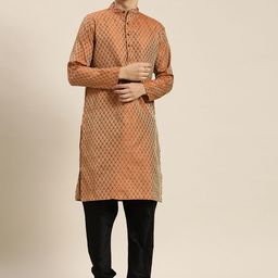 SOJANYA Men Orange & Gold-Toned Jacquard Kurta-image-88