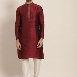 SOJANYA Men Maroon Ethnic Motifs Jacquard Kurta-image-47