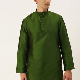 THANGAMAGAN Men Olive Green Solid Straight Kurta with Link Detail-image-90