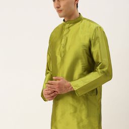 THANGAMAGAN Men Olive Green Solid Straight Kurta with Link Detail-image-44