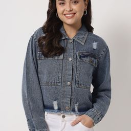 Orchid Blues Women Blue Lightweight Pure Cotton Distressed Look Boxy Jacket-picture-40
