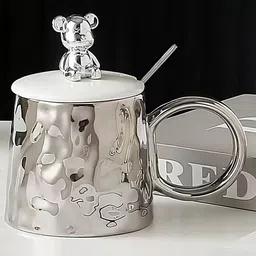 BonZeaL Silver-Toned & White Ceramic Glossy Coffee Mug With Lid & Spoon 300 ml-41