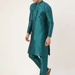 SOJANYA Men Teal Green & Lime Green Solid Kurta with Churidar & Nehru Jacket image 5