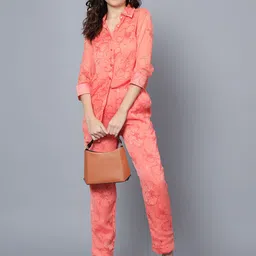 ANVI Be Yourself Peach-Colured Floral Printed Shirt Collar Longline Shirt With Trousers-0
