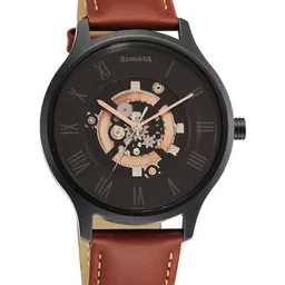Sonata Men Skeleton Dial & Leather Straps Analogue Watch 7140NL07-2