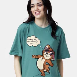 The Souled Store Women Green Printed Drop-Shoulder Sleeves Applique Oversized T-shirt-picture-22