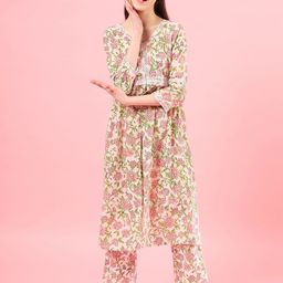 pspeaches Girls Floral V-Neck Gotta Patti Pure Cotton A-Line Empire Kurta With Trouser-image-55